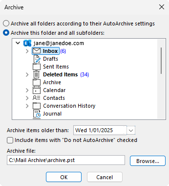 Manual Archive dialog