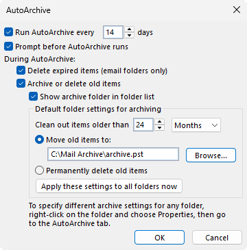 AutoArchive Settings