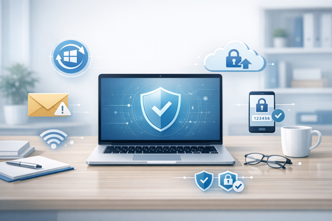 Laptop displaying a security shield surrounded by icons representing Windows updates, email caution, cloud backup, and device protection