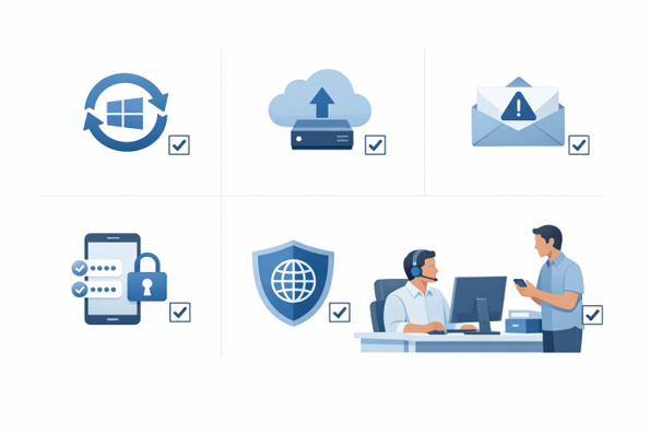 Checklist grid showing five ransomware prevention steps: Windows updates, cloud backups, cautious email habits, multi-factor authentication, and IT support