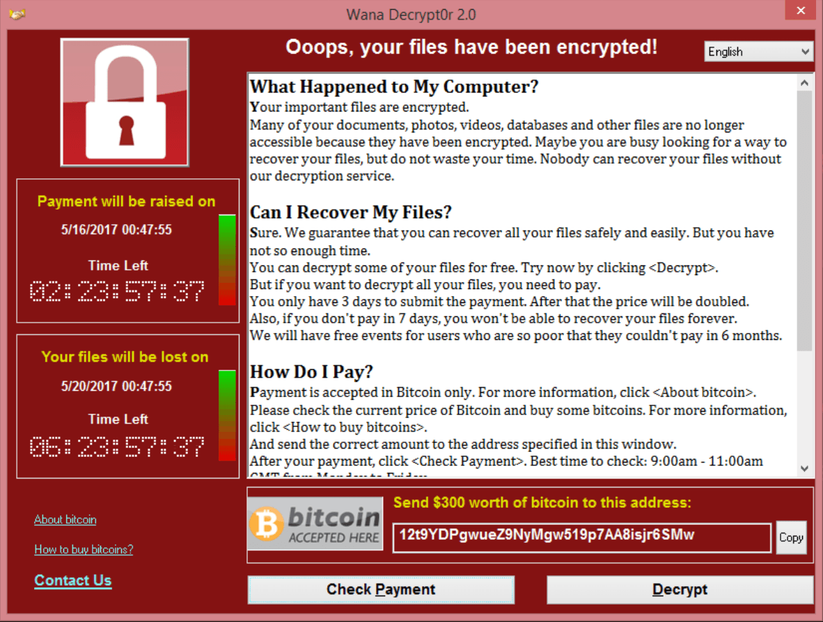 WannaCry ransomware virus 2017