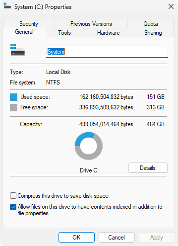 Windows File Explorer showing available disk space on the C drive