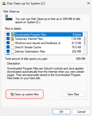 Disk Cleanup dialog showing file categories and space to be freed