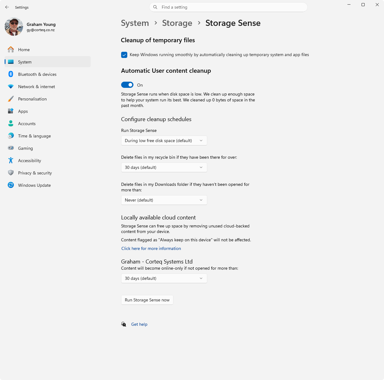 Storage Sense configuration options in Windows Settings